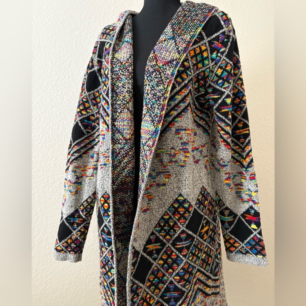 Rainbow Geometric Southwest Knit Open Cardigan 2X Crocheted Hooded Long Sweater - Picture 2 of 10